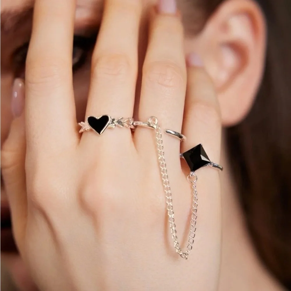 Silver 2pc Heart Chain Ring Set